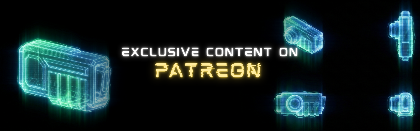 Neon blue and green graphics with text 'Exclusive Content on Patreon' on a black background